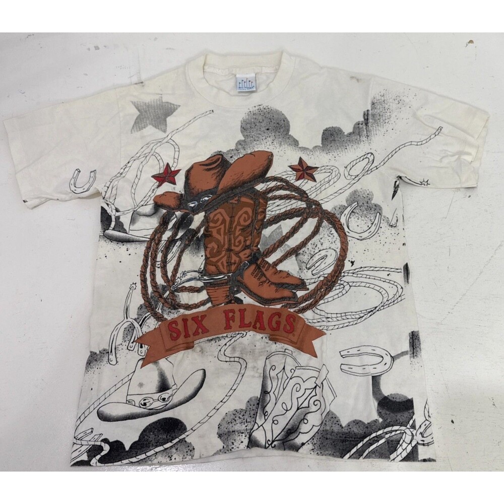 Vintage Six Flags Magic Mountain White Western Cowboy Boot Shirt Mens Size M